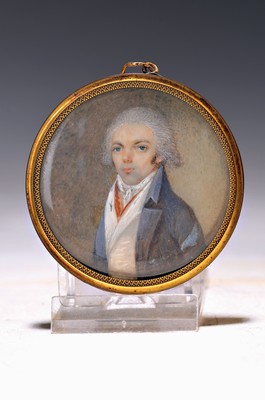 Miniaturmalerei, deutsch, um 1870-80, Porträt eines jungen Mannes, feine Gouachemalerei, rund, D. ca. 5cm, u.Gl., R. ca. 6cm