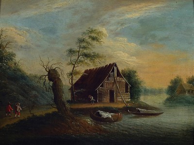 Unbekannter Künstler, um 1820/30, Hütte am See, am Ufer Personen, Öl/Holz, unsigniert, ca. 23 x 30 cm, Prunkrahmen ca. 44 x 50 cm
