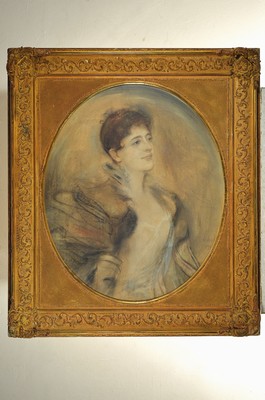 Franz von Lenbach, 1836 Schrobenhausen - 1904 München, Porträt der Frau Eugenie Knorr, Mischtechnik, Pastell/Kohle/Aquarell auf Papier, re. unten ...