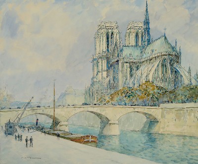 Fernand Fortune Truffant, 1866 - 1955, zwei Aquarelle, Ansichten der Kathedrale Notre-Dame de Paris, Vorder und Seitenansicht, zwei Pendants, beide ...
