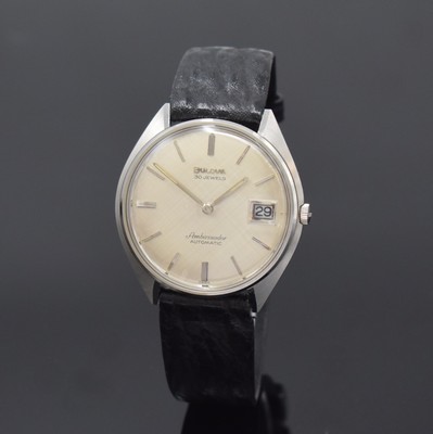 BULOVA Ambassador flache Automatik-Armbanduhr in Stahl, Schweiz um 1970, Monocoque-Geh., orig. Krone sowie Lederband m. Stiftschl. in Stahl, silb. ...
