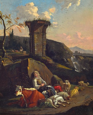 Zuschreibung: Johann Heinrich Roos, 1631 Otterberg/Pfalz-1685 Frankfurt, Südliche Landschaft mit ruhender Hirtin und Viehherde, Öl/Holz, ca. ...