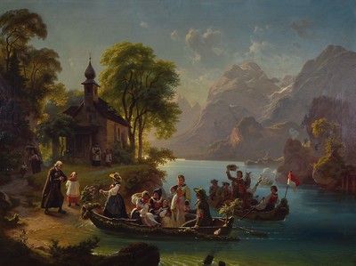 Hans Brunner, 1813-1888 München, Genremalerei, oberbayerischer Hochzeitszug zu Schiffe, zwei Ruderboote mit Kapelle, Feiernden und dem Brautpaar ...