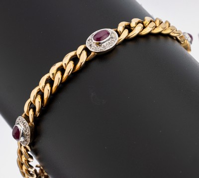 14 kt Gold Rubin-Diamant-Brillant-Armband, GG/WG 585/000, in WG gefasste 4 ovale Rubin- cabochon zus. ca. 3.00 ct, 40 8/8-Diamanten zus. ca. 0.20 ct ...