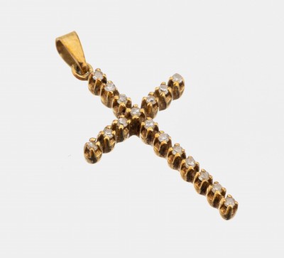 14 kt Gold Diamant-Kreuzanhänger, GG 585/000, 17 8/8-Diamanten zus. ca. 0.085 ct Weiß/p, ca. 1.6 g