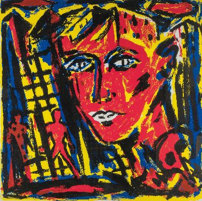 Helmut Middendorf, geb. 1953 Dinklage, Siebdruck, Ed. 35/60, ohne Titel, weibliches en face-Bildnis, Blatt 100x100 cm, unter Glas gerahmt 115x115 cm