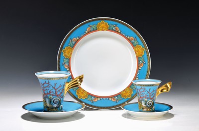 6 Dessertteller, 3 Kaffeetassen und 3 Mokkatassen, Rosenthal, Entwurf Gianni Versace, Le Trésor de la Mer, Porzellan, komplett mit Untertassen