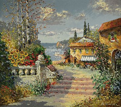 Prof. August Alexander Wendehals, 1934-2003 Ossendorf, Blick auf eine südliche Terrasse an einem Seeufer, Öl/Lwd, rechts unten sign., ca. 80x90cm, ...