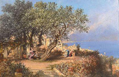 F. Rostock, ungedeuteter Künstler des 19.Jh. , "Unter Oliven (Napoli)", so auf Keilrahmenbez., Olivenhain mit Blick über den Golf von ...