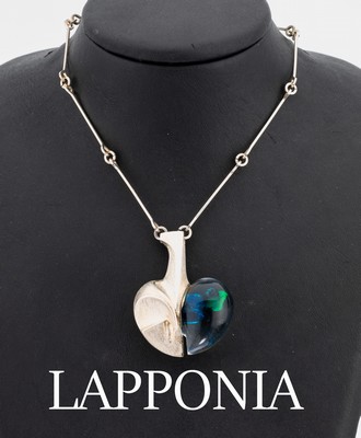 LAPPONIA Space Apple Collier, 925er Silber,Finnland 1980, Design Björn Weckström, eine Herzseite aus klarem Acrylharz mit grünen und blauen ...