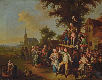 Zuschreibung: Johann Conrad Seekatz, 1719 Grünstadt/Pfalz-1768 Darmstadt, "Dorfkirchweih", Landschaft sowie tanzende, musizierende und ...
