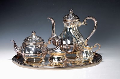 Kaffee- und Teeset aus Silber, deutsch, Jakob Grimminger, Schwäbisch Gmünd, 30er Jahre, 835er Silber, barockisierend godronierter Dekor, ...