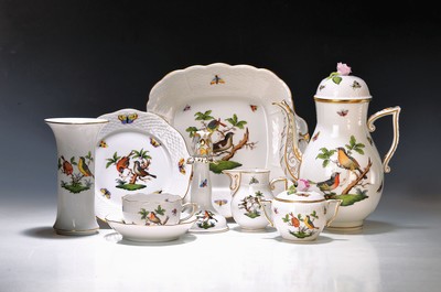 Kaffeeservice, Dekor Rothschild, Herend, Ungarn, 20.Jh., Porzellan, handbemalt, Goldrand, Kaffeekanne, 6 Tassen mit UT, 6 Teller D. 19 cm, ...