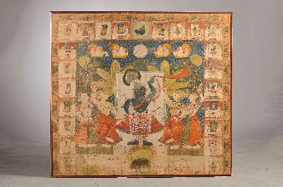 Pichvai, Indien, wohl Rajasthan, 19.Jh., Öl/Lwd., doubliert, Darstellung der Verehrung des Sri Natji, schmaler Rahmen 134x145 cm