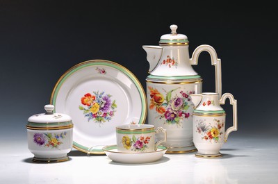 Kaffeeservice, Höchst, Dekor Schloß Mainz, signiert Ilona Bräsicke, Porzellan, Empirestil mit mintgrünen und goldenen Rändern, bunt bemalt mit ...