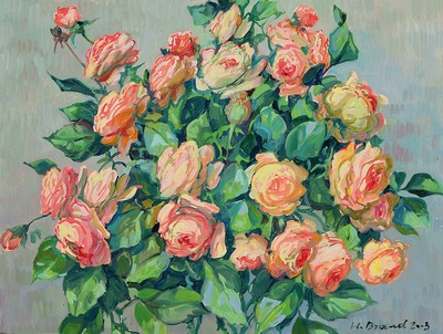 Werner Brand, 1933 Löbau-2021 Hochstadt, Rosenstillleben, 2003, Öl/Platte, rechts unten signiert und datiert, 34x43 cm, Rahmen 44x53 cm