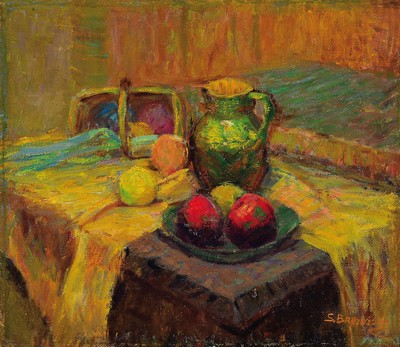S. Brezinski, Unbekannter Künstler Anfang des 20.Jh., Stillleben im Stile Cezannes, Krug und Äpfel auf Tisch, Öl/Lwd, doubliert 58x68 cm, Rahmen ...