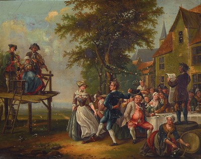 Zuschreibung: Johann Conrad Seekatz, 1719 Grünstadt/Pfalz-1768 Darmstadt, Dorfkirchweih bzw. Jahrmarktszene, Landschaft mit Redner, tanzenden, ...
