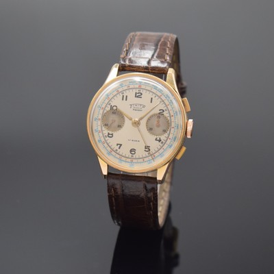 Schaltradchronograph mit Kaliber Venus 150, Schweiz um 1960, Handaufzug, verg. Geh., Stahlboden u. Glasrand aufgedr., silb. Zifferbl. bez. Finite ...