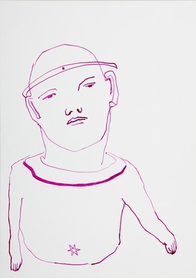 Claudia Rößger geb. 1977 Mittweida, 2 Zeichnungen mit pinkem Kugelschreiber, auf Papier, Porträts, 30x21 cm, Provenienz: aus Privatsammlung, ...