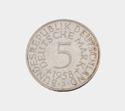 Silbermünze 5 Mark 1958, Bundesrepublik Deutschland, sog. Silberadler, Prägemarke J