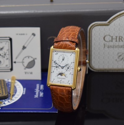 CHRONOSWISS rechteckige Armbanduhr mit Vollkalender und Mondphase Referenz CH 70170, Handaufzug, Schweiz um 1996, verg., 2-tlg. Geh., Boden aufgedr., ...