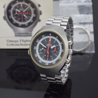 OMEGA Flightmaster Armbandchronograph Referenz 145.036, Schweiz um 1973, Handaufzug, massiv. Edelstahlgeh. inkl. neutr. Gliederband m. Faltschl., ...