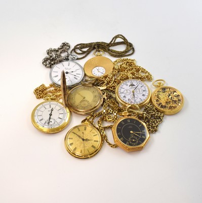 Konvolut: 8 mechanische Taschenuhren, versch. Fertigungszeiten, 7 x verg., 1 x verchr., 7 x an Kette, 1 x Forum Chronograph mit Datum und Mondphase ...