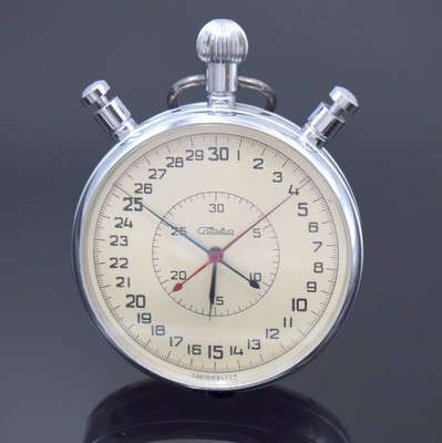 SLAVA Russischer Einhandstopper mit Schleppzeigerfunktion, Sowjetunion um 1988, verchr. Metallgeh., neutr. verschr. Boden vergl., vers. Bl. mit 30 ...