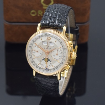 ORFINA Herrenarmbanduhr mit Schaltradchronograph und Kalender in RG 750/000 Kaliber Valjoux 886, Schweiz um 1990, Handaufzug, beids. vergl. 3-tlg. ...