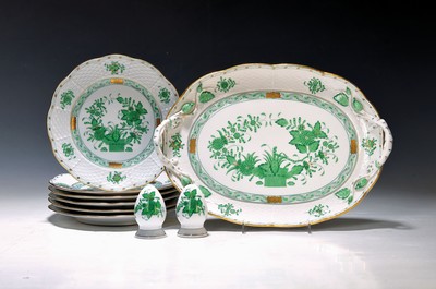 9 Teile Tafelzubehör, Herend, Indian, Basket in Grün, 2. Hälfte 20. Jh., 6 Dessertteller D. 16 cm, Tablett mit Asthenkeln, L. 27 cm, Salz- und ...
