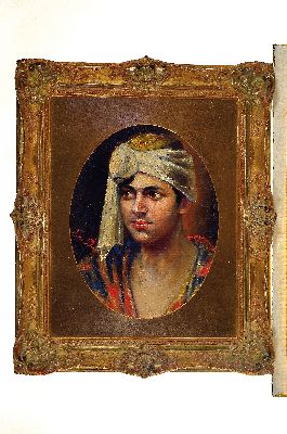 Nina Doree o.ä., um 1900, Porträt eines orientalischen Mannes mit Turban, Öl/Malkarton, seitlich links signiert, im Oval ca. 42x33cm, rechteckiger ...