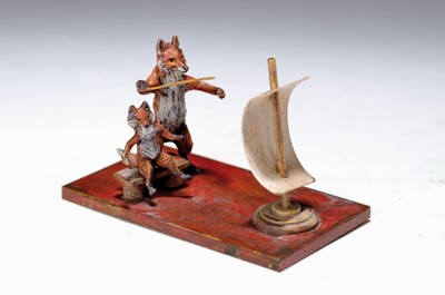 Fuchsschule, Wiener Bronze, signiert Bergmann, 20.Jh., farbig staffiert, l. best., 7x11x6 cm