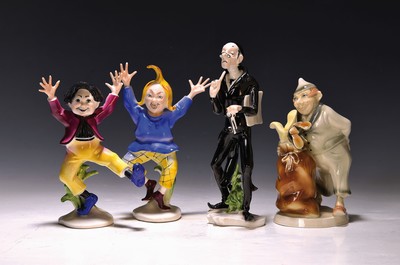 4 Porzellanfiguren zu Max und Moritz, 3 x Ens: Max und Moritz H. 17cm, je ein Finger fehlend, Lehrer Lämpel, an einer Hand besch., H. 21 cm und ...