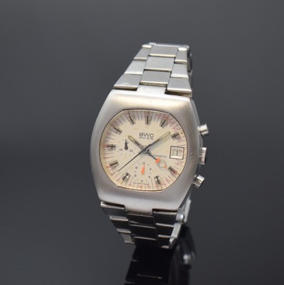 BWC Herrenchronograph in Stahl, Schweiz um 1975, Automatik, Boden verschr., neutr. Stahlband m. Faltschl., silb. Zifferbl. m. aufges. Std.-Ind., ...