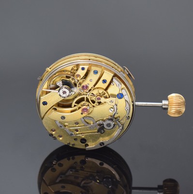 Savonette Taschenuhrwerk mit 1/4 Repetition und Chronographenfunktion, Schweiz um 1900, 2-teil. Emailzifferbl. m. röm. Zahlen riss., Chronograph ...