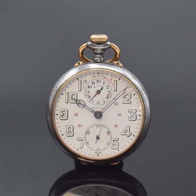 ZENITH Herrentaschenuhr mit Wecker, Schweiz um 1920, glattes brüniertes Geh. m. Goldscharnier, Emailzifferbl. m. arab. Outline-Zahlen, ...