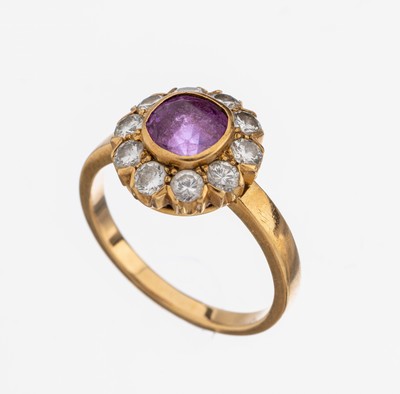 18 kt Gold Rubin-Diamant-Ring, GG 750/000, blütenförm. Ringkopf, mittig runder pink Saphir ca. 1.50 ct, umrahmt von 10 Diamanten zus. ca. 1.00 ct ...