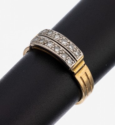 14 kt Gold Diamant-Ring, GG 585/000, 12 in WG gefasste Diamanten zus. ca. 0.18 ct Weiß/si-p, RW 60, ca. 5 g