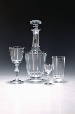 Trinkglasservice, Moser, 2. Hälfte 20. Jh., Mozart, Karaffe, farbloses Kristallglas, Karaffe, 6 Weingläser, 4 Bechergläser, zwei Likörgläser, ...