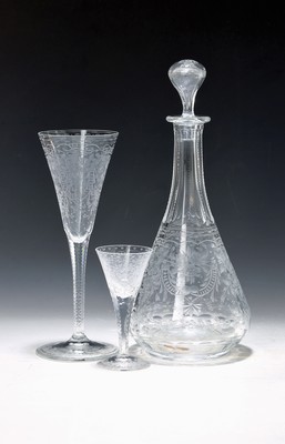 Trinkglasset, Moser Karlsbad, Maharani 4400, farbloses Kristallglas, aufwendig graviert, Karaffe vier Weingläser und 2 Likörgläser, Karaffenhöhe ...