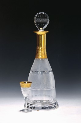 Karaffe und Likörglas, Moser, Splendid 10160, farbloses Kristallglas mit geätzte Goldstaffage, geschliffener Dekor mit Olivschnitt und ...