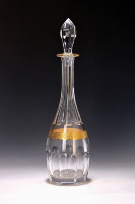 Karaffe, Moser Karlsbad, Thomas 14000, farbloses Kristallglas, geschliffen und facettiert, gravierter Jagddekor, Landschaft mit Vogel, H. ca. 32.5 cm