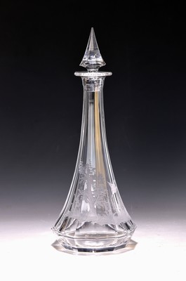 Karaffe, Moser, Marienbad 13880, farbloses Kristallglas, geschliffen, facettiert, umlaufender geätzter Golddekor, H. ca. 40 cm