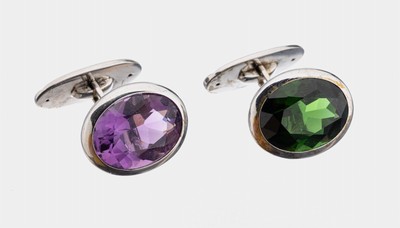 Paar 8 kt Gold Farbstein-Manschettenknöpfe, WG 333/000, ovalfacett. Turmalin und ovalfacett. Amethyst zus. ca. 8.0 ct, gute Farbe, schlichtes ...