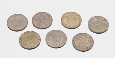 7 x 3 Mark Weimarer Republik, Meissen 1929, Marburg Saale 1928, Waldecks 1929, Nordhausen 1927, Lübeck 1926, Zeppelin 1929, Marburg 1927