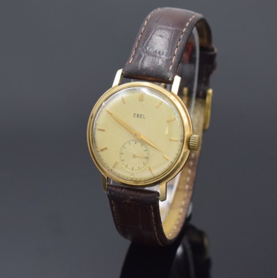EBEL Armbanduhr in GG 585/000, Schweiz um 1940, Boden und Glasrand aufgedr., Zifferbl. m. aufgel. Indizes altersbed. fl./pat., Rundankerw., Kal. 112, ...