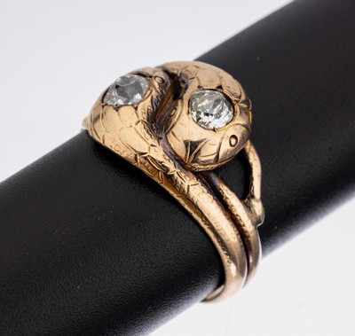 14 kt Gold Diamant-Schlangenring, um 1890- 1900, RoseG 585/000, 2 Altschliff-Diamantenzus. ca. 0.90 ct Weiß-l.get.Weiß/si, RW 59, ca. 5.6 g, ...