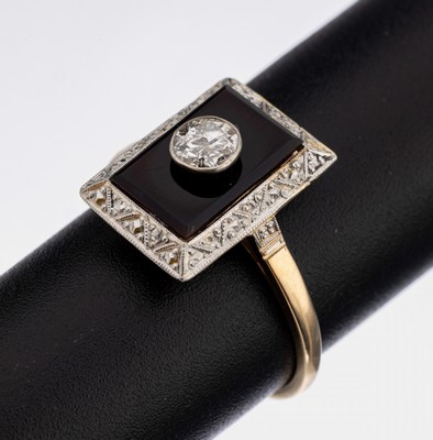 14 kt Gold Art-Deco-Diamant-Ring, GG/WG 585/000, 1920er Jahre, Onyxplatte, Altschliff-Diamant ca. 0.30 ct Weiß/p 1, RW 52, ca. 2.7 g