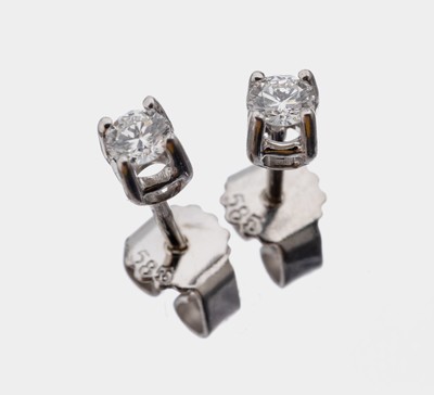 Paar 14 kt Gold Brillant-Ohrstecker, WG 585/000, 2 Brillanten zus. ca. 0.20 ct feines Weiß-Weiß/vs-si